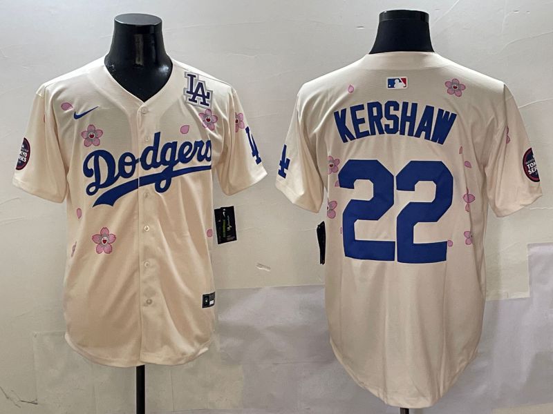 Men Los Angeles Dodgers #22 Kershaw Cream White Blue Sakura Edition 2025 Nike MLB Jersey style 7->los angeles dodgers->MLB Jersey